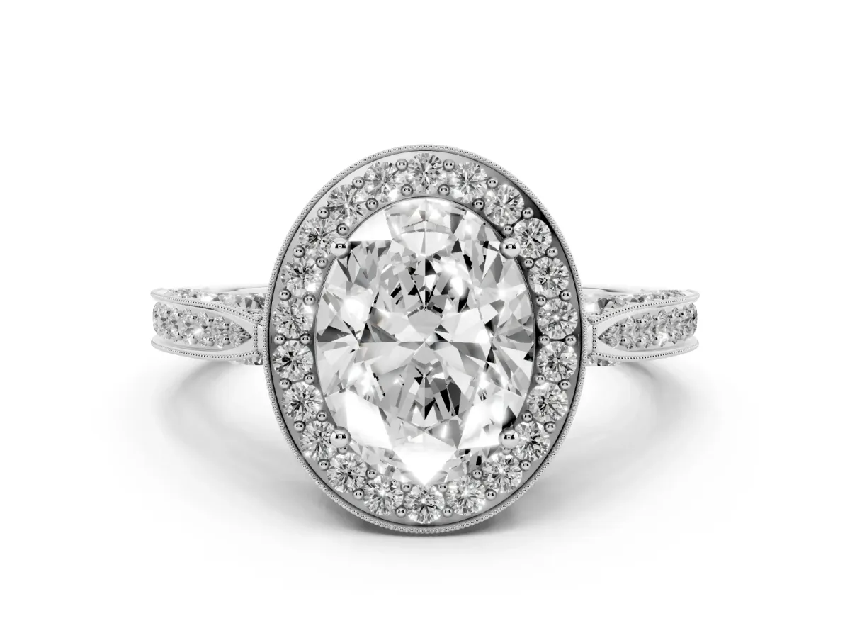 Oval Cut Halo Diamond Engagement Ring with Split Shank Band and Four-Prong Setting Silver