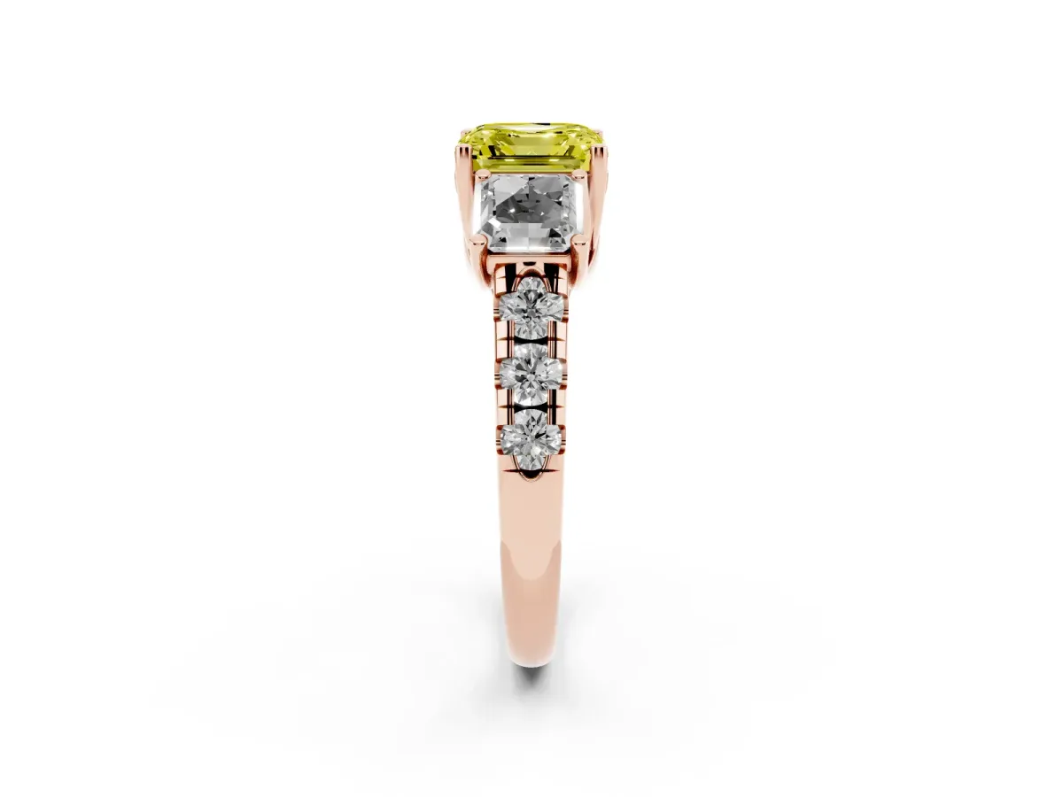 Fancy Yellow Three-Stone Asscher Cut Diamond Pavé Band with Prong Setting Rose gold