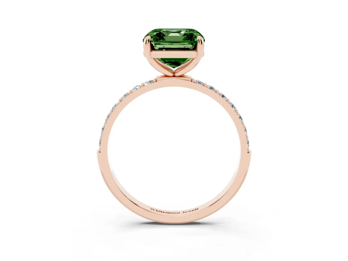 Fancy Green Asscher Cut Diamond Solitaire Ring with Round Pavé Band and Prong Setting Rose gold