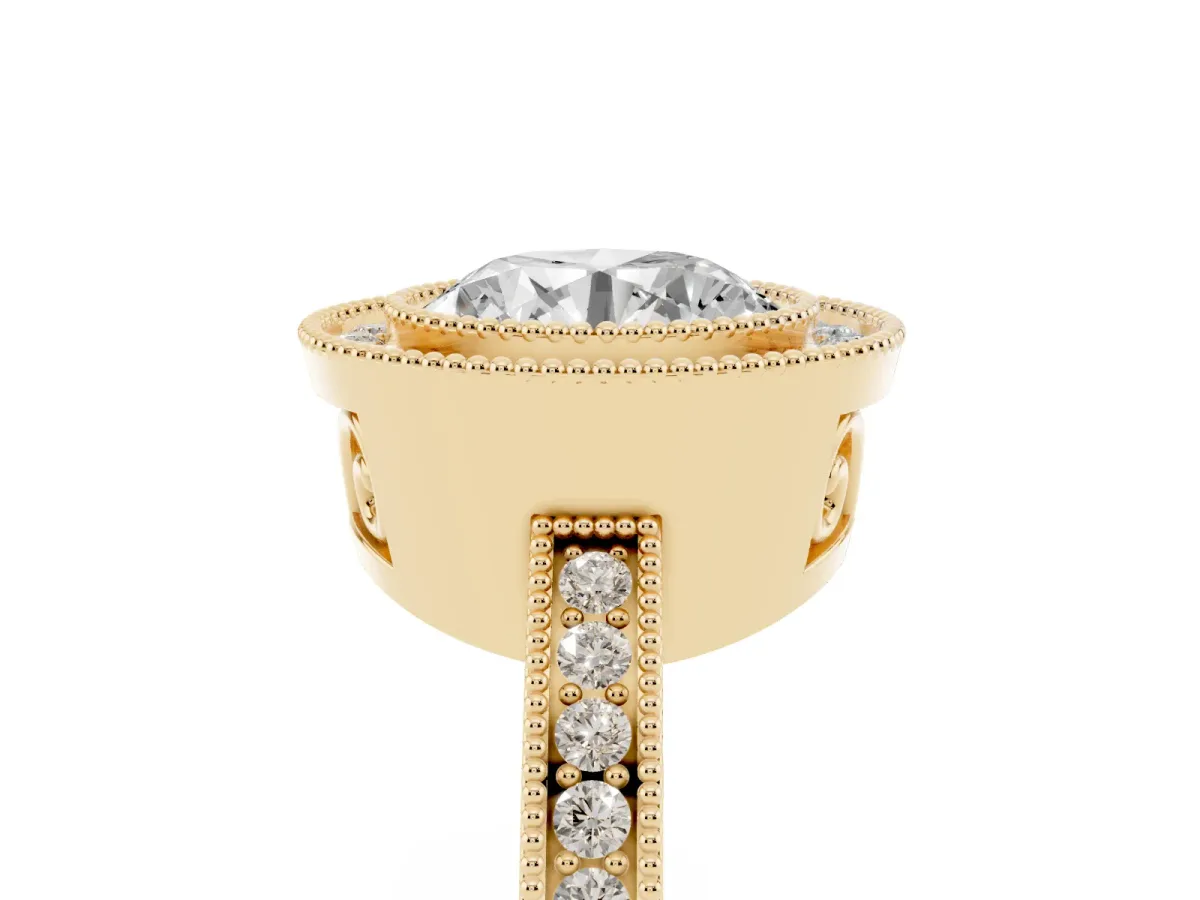 Round Cut Cut Halo Diamond Ring with Pavé Band and Milgrain Prong Setting Yellow gold