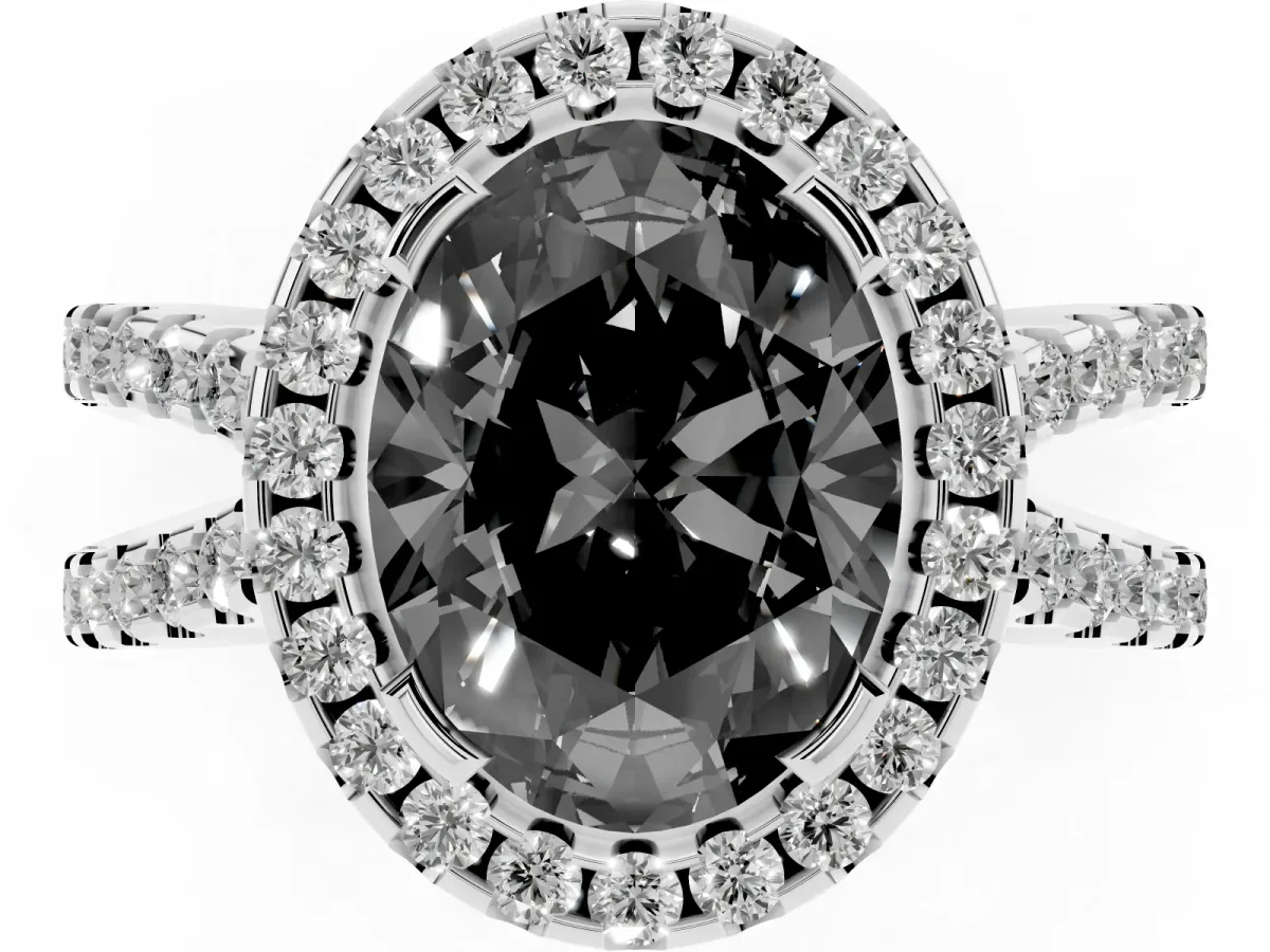 Fancy Black Oval Cut Diamond Halo Ring with Split Shank Pavé Band and Prong Setting Silver