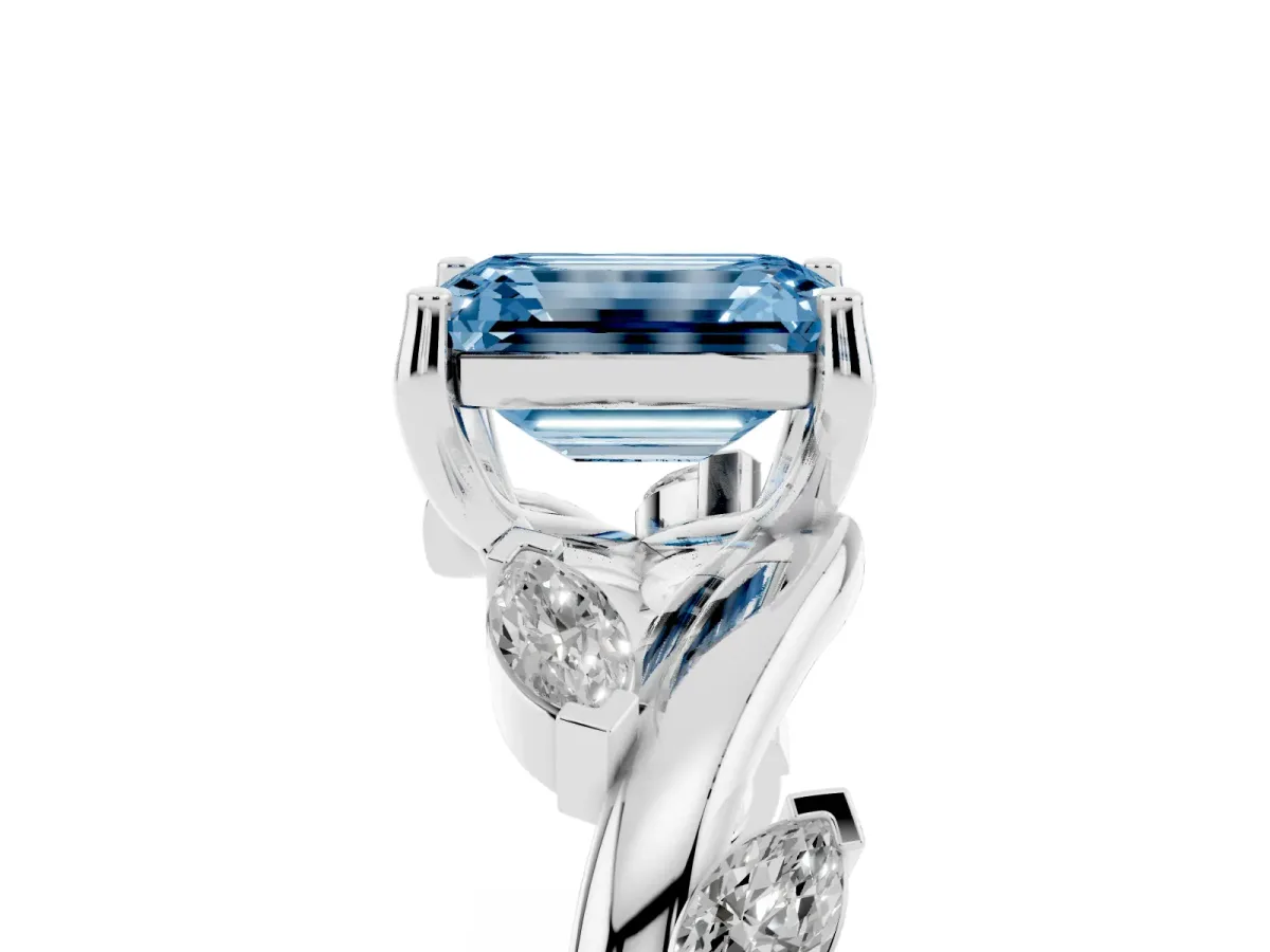 Fancy Blue Emerald Cut Solitaire Twisted Band Marquise Accent Prong Setting Ring Platinum
