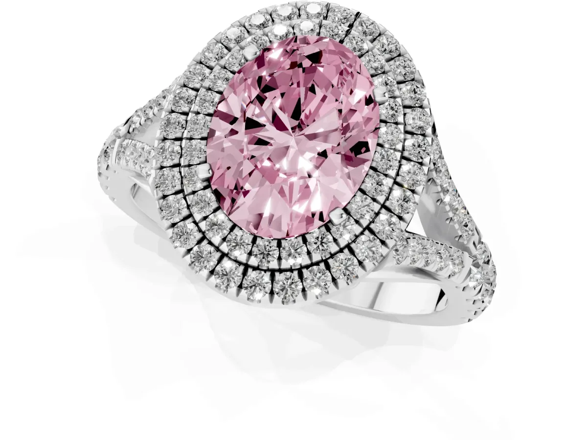 Fancy Pink Oval Cut Diamond Pavé Split Shank Double Halo Engagement Ring Silver