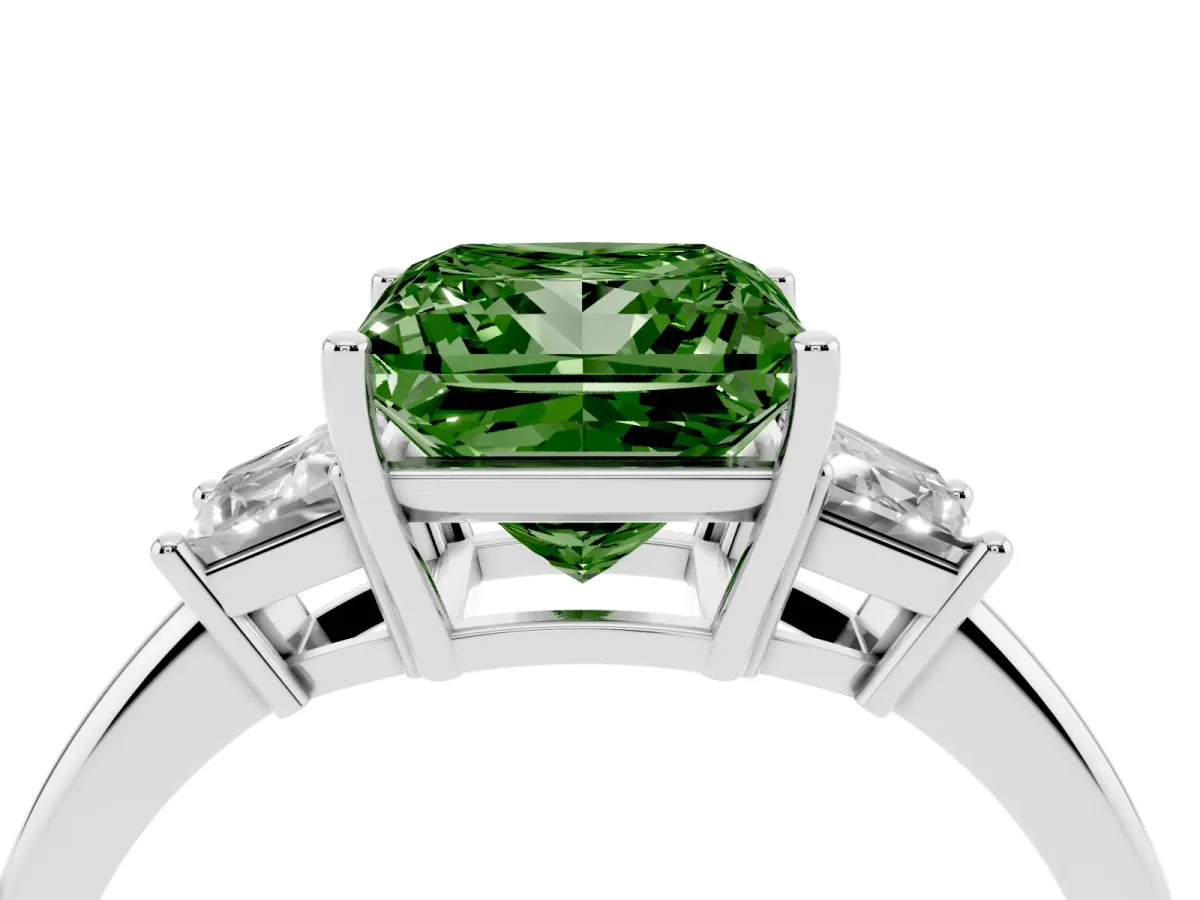 Fancy Green Princess Cut Diamond Three-Stone Ring with Trapezoid Side Stones and Prong Setting Silver