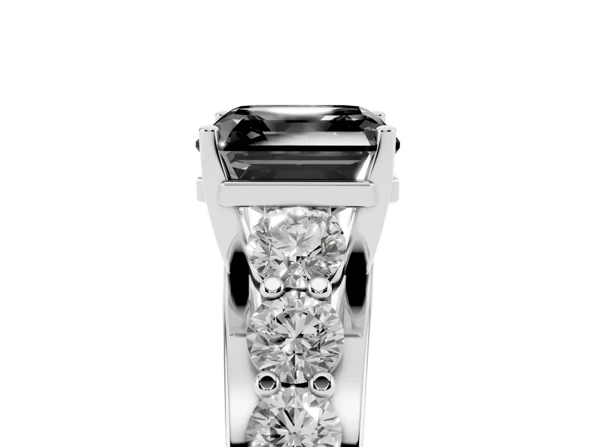 Fancy Black Asscher Cut Diamond Engagement Ring with Pavé Band and Four-Prong Setting Platinum