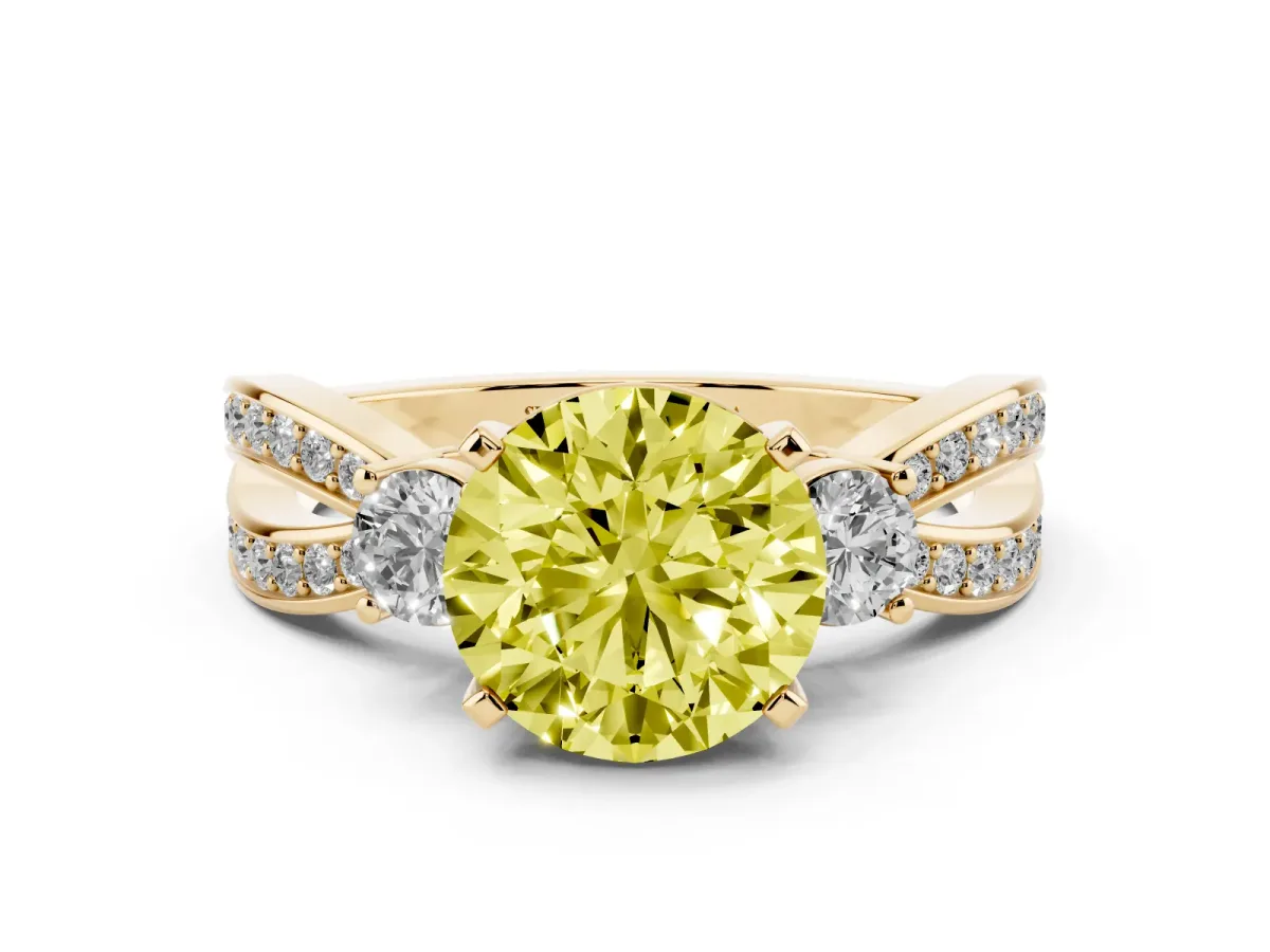 Fancy Yellow Three-Stone Round Cut Cut Diamond Twist Band with Prong Setting Yellow gold