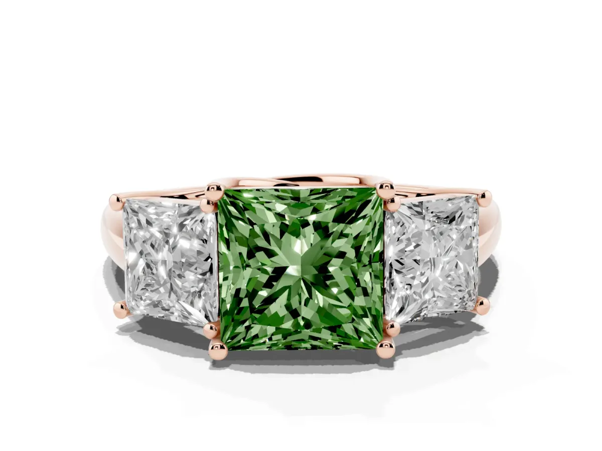 Fancy Green Three-Stone Princess Cut Diamond Engagement Ring with Prong Setting Rose gold