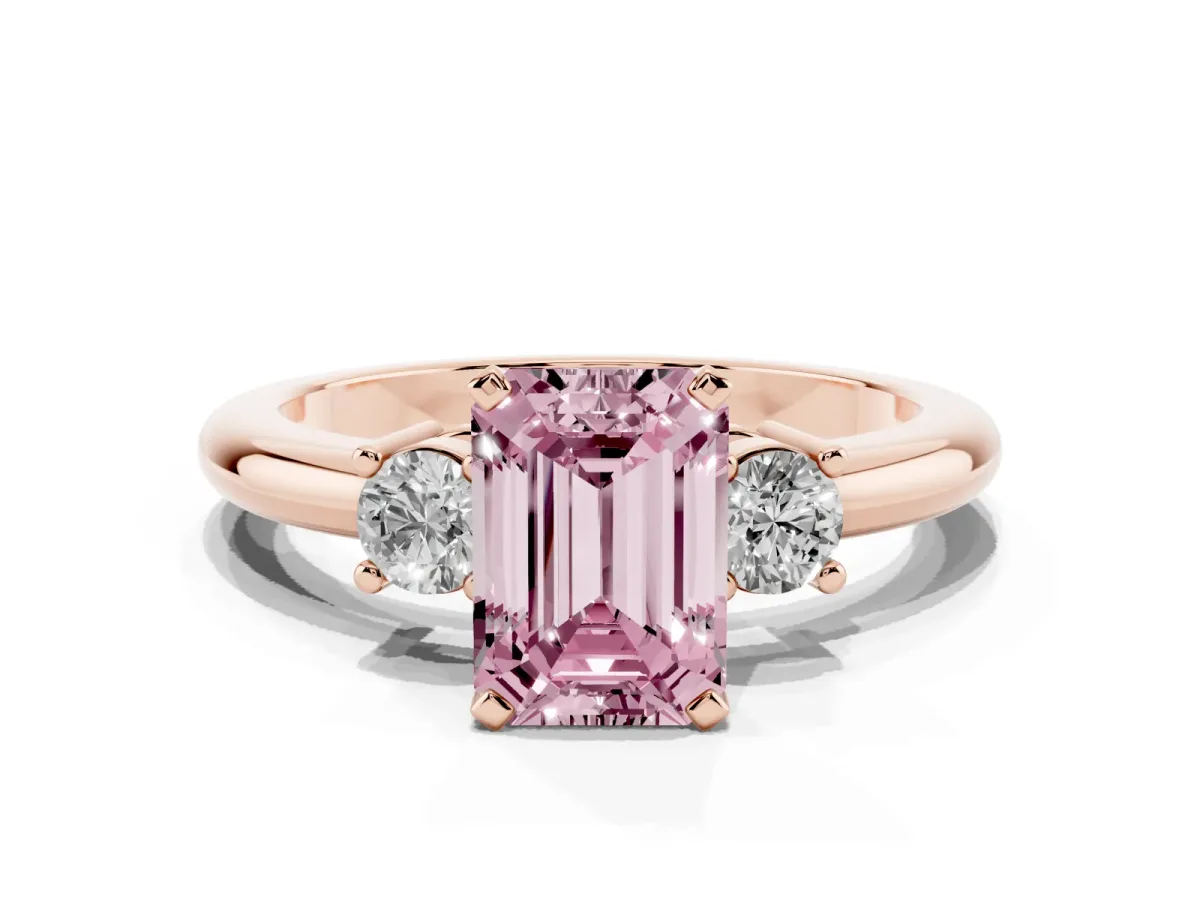 Fancy Pink Three-Stone Emerald Cut Cut Diamond Solitaire with Prong Setting and Classic Band Rose gold