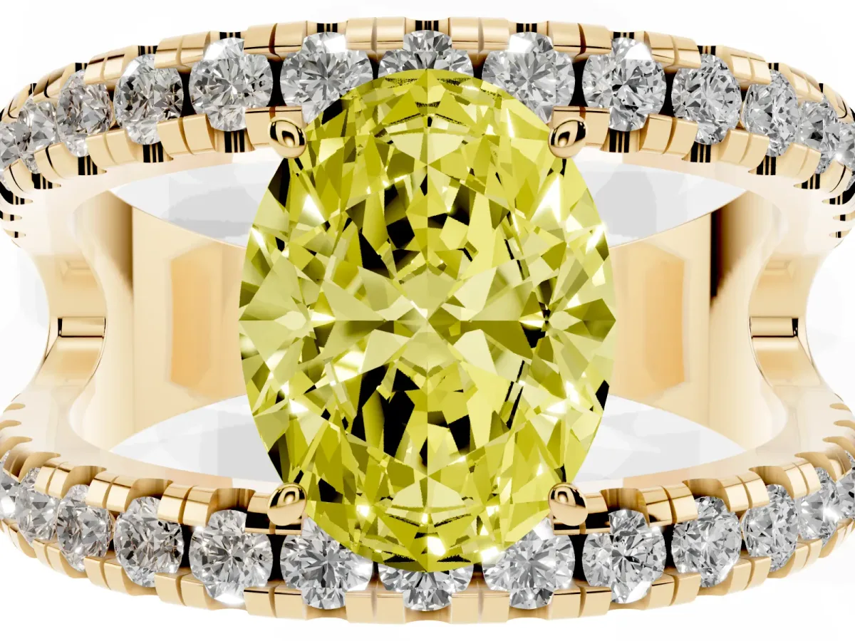 Fancy Yellow Oval Cut Solitaire Split Shank Pave Diamond Ring Yellow gold