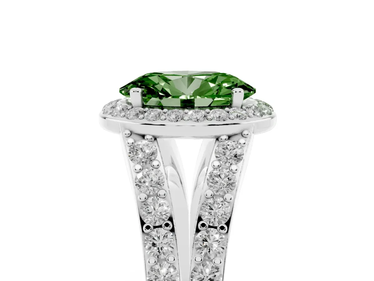 Fancy Green Oval Cut Diamond Split Shank Halo Ring with Four-Prong Setting Silver
