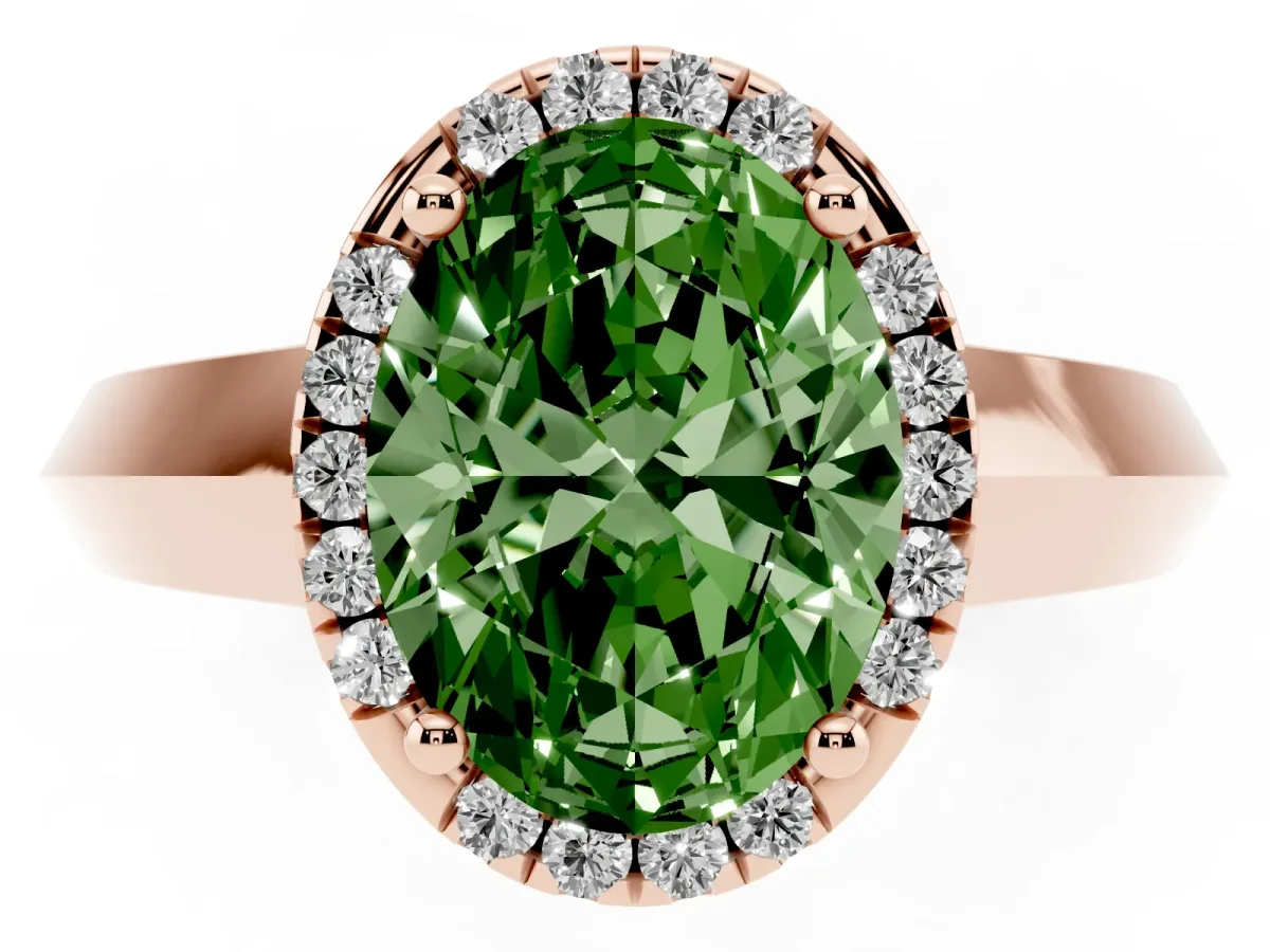 Fancy Green Oval Cut Halo Diamond Ring with Cathedral Band and Four-Prong Setting Rose gold
