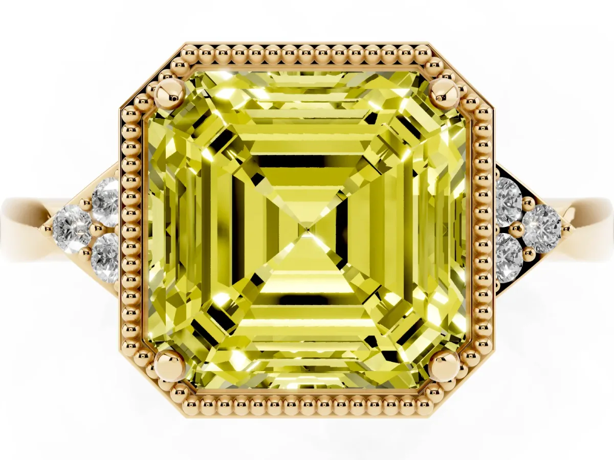 Fancy Yellow Hexagonal Halo Asscher Cut Diamond Solitaire with Pavé Band and Four-Prong Setting Yellow gold