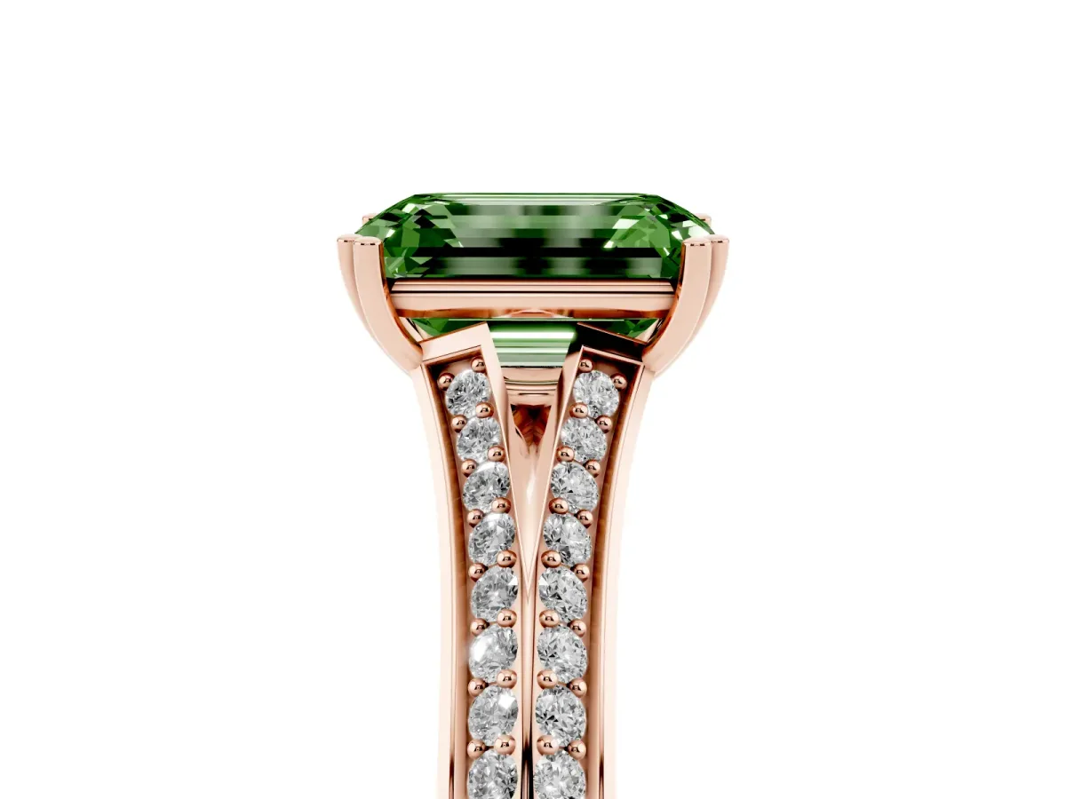 Fancy Green Emerald Cut Diamond Split Shank Engagement Ring with Pavé Band Rose gold