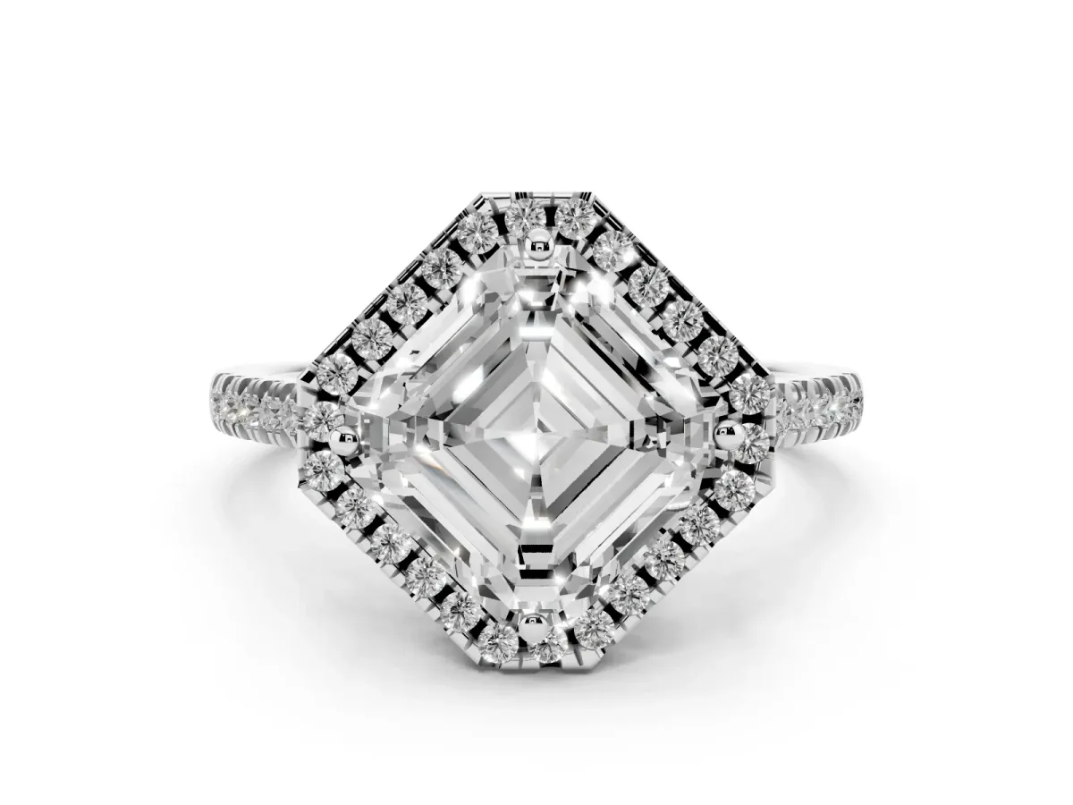 Asscher Cut Diamond Cushion Halo Ring with Pavé Band Silver