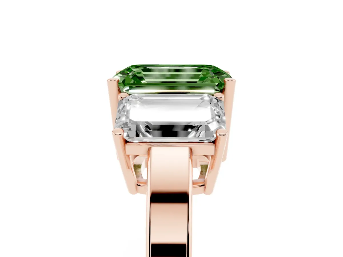 Fancy Green Three-Stone Emerald Cut Cut Diamond Engagement Ring with Flat Band and Four-Prong Setting Rose gold