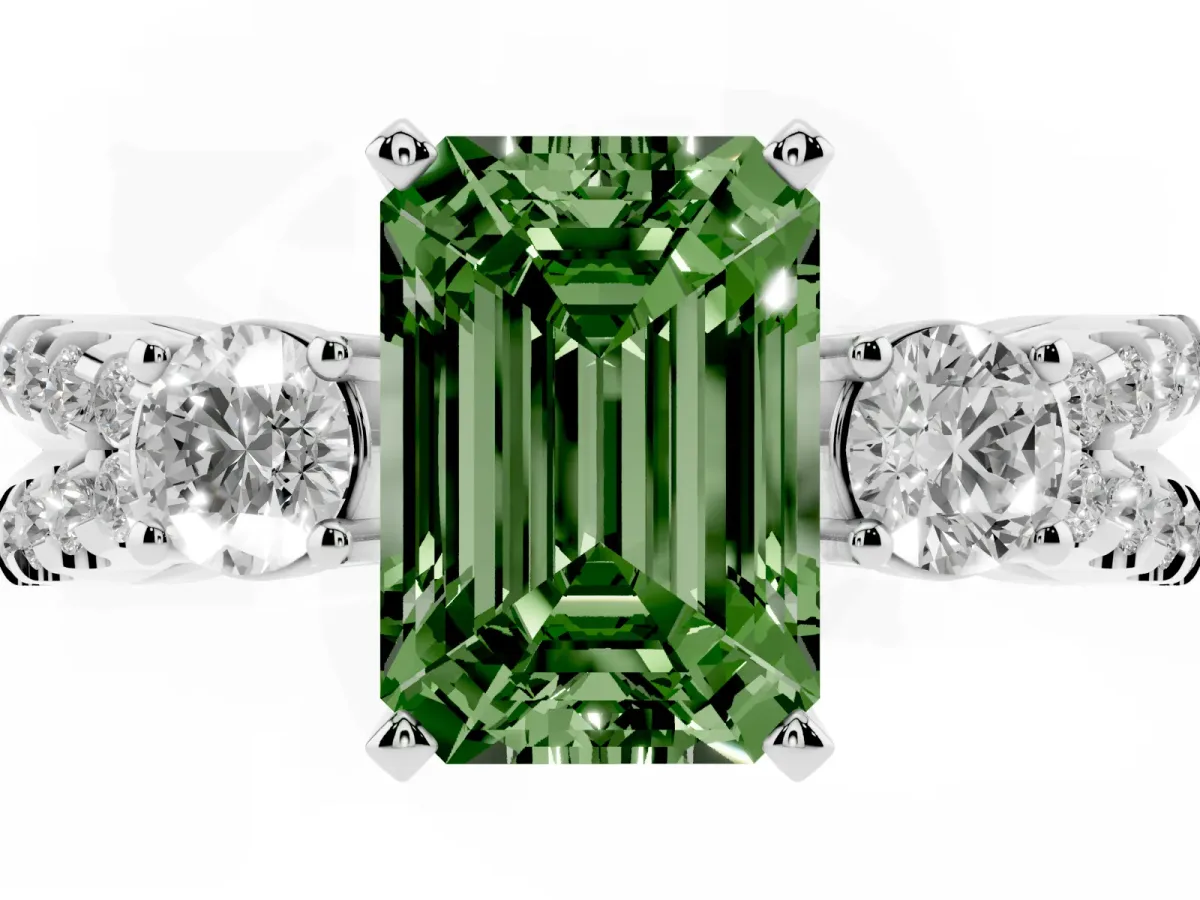 Fancy Green Emerald Cut Diamond Three-Stone Ring with Pavé Split Shank and Four-Prong Setting Silver
