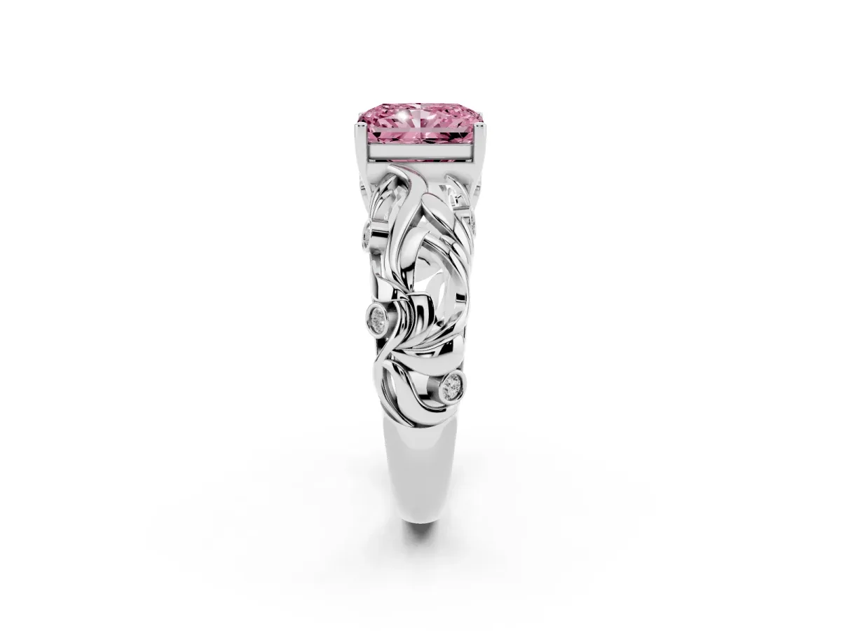 Fancy Pink Radiant Cut Solitaire Diamond Leaf-Inspired Vine Band Ring with Prong Setting Silver