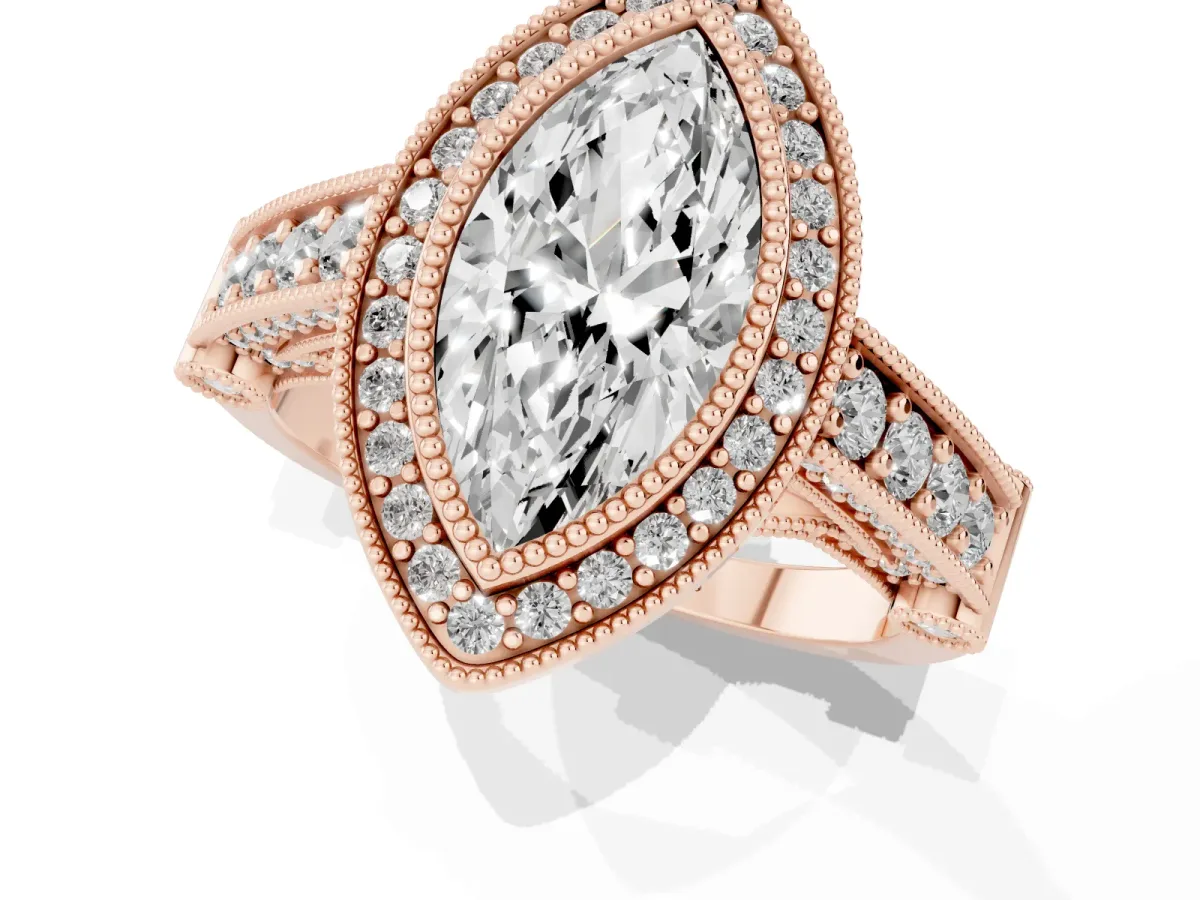 Marquise Cut Halo Diamond Split Shank Pave Ring Rose gold