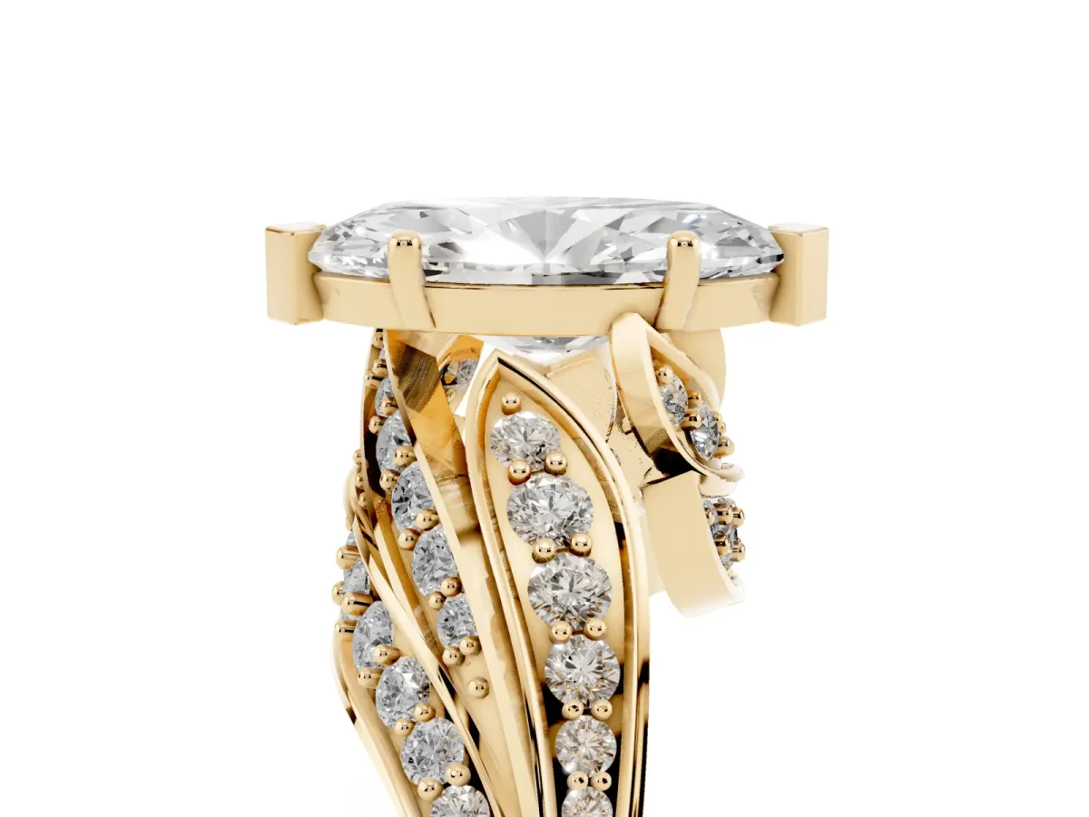 Marquise Cut Diamond Solitaire Ring with Prong Setting and Twisted Pavé Band Yellow gold