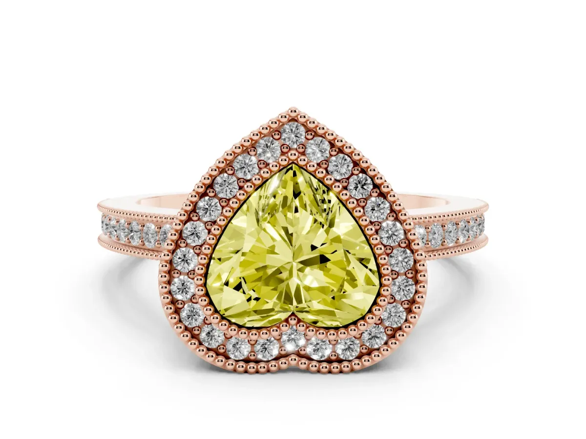 Fancy Yellow Heart Cut Cut Halo Diamond Ring with Pavé Band and Milgrain Prong Setting Rose gold