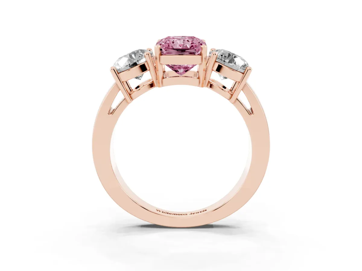 Fancy Pink Three-Stone Radiant Cut Diamond Ring with Round Side Stones, Classic Band, and Four-Prong Setting Rose gold