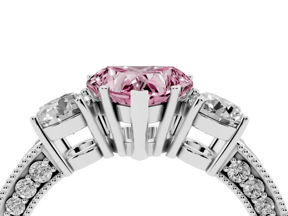 Fancy Pink Heart Cut Three-Stone Diamond Ring with Pavé Band and Four-Prong Setting Silver