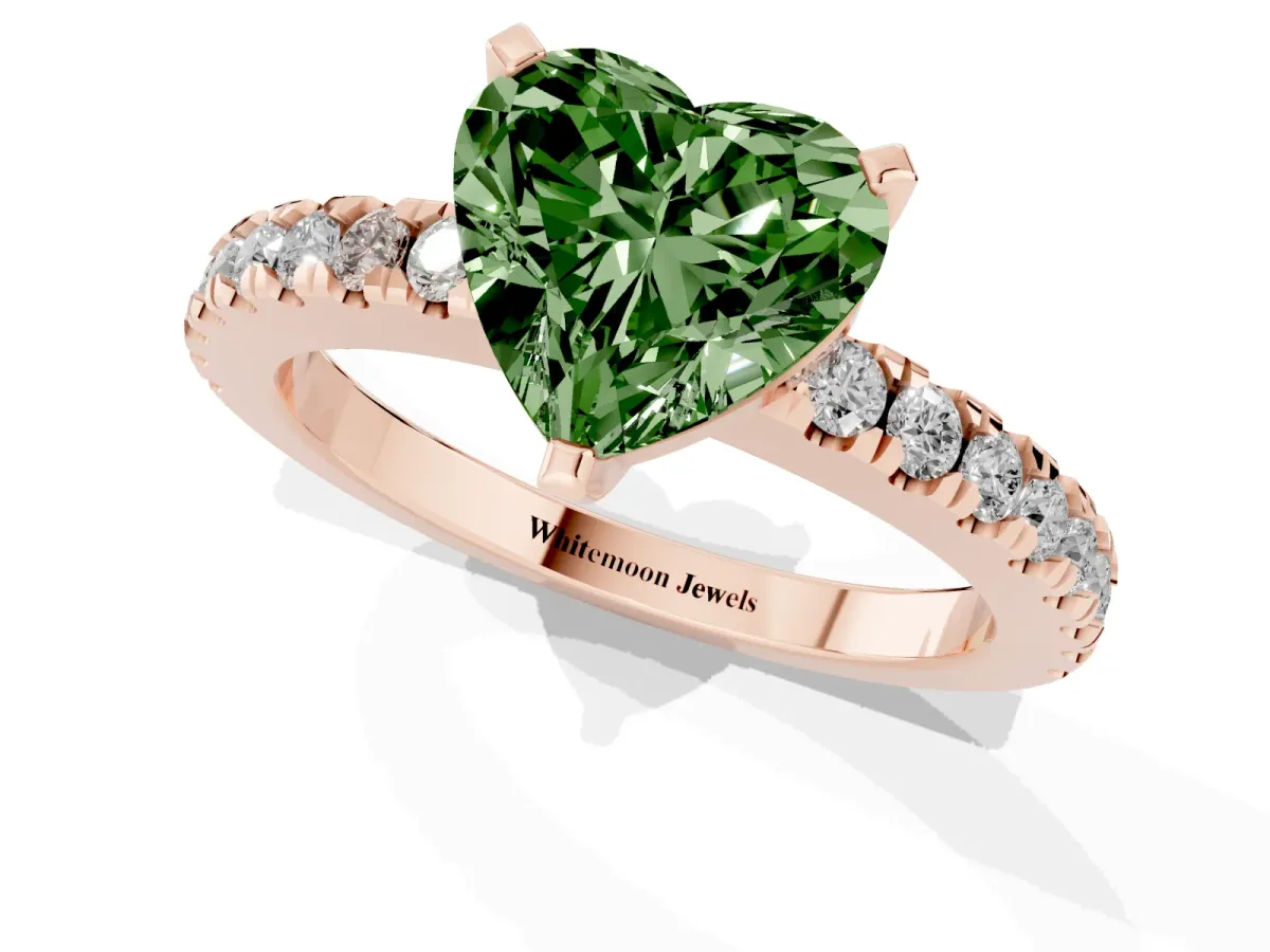 Fancy Green Heart Cut Solitaire Diamond with Pavé Band and Four-Prong Setting Rose gold