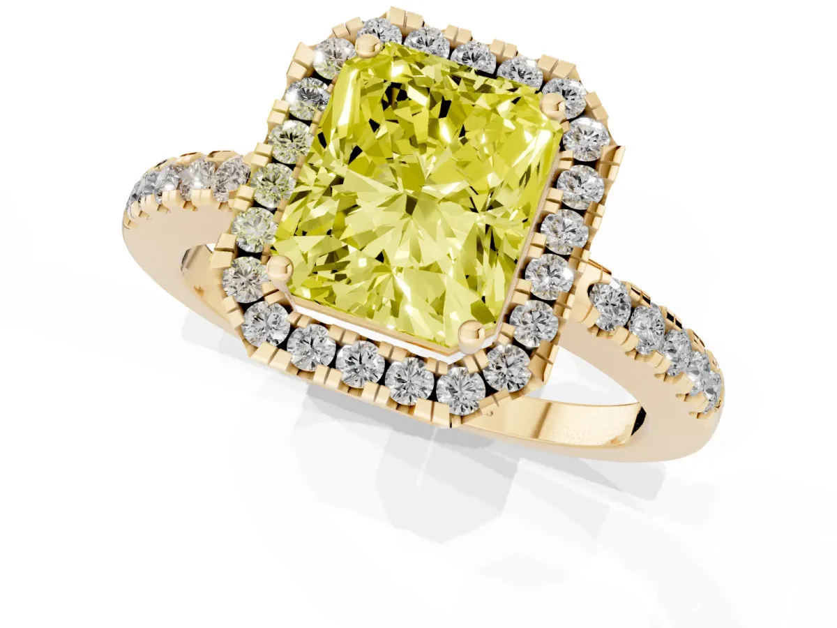 Fancy Yellow Radiant Cut Halo Diamond Engagement Ring with Pavé Band and Four-Prong Setting Yellow gold