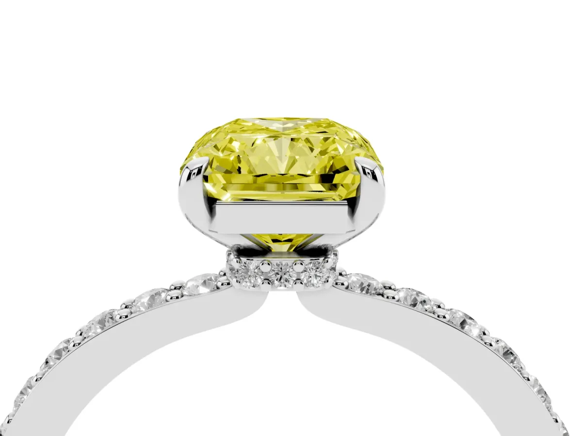 Fancy Yellow Radiant Cut Diamond Pavé Engagement Ring with Round Accents and Prong Setting White gold