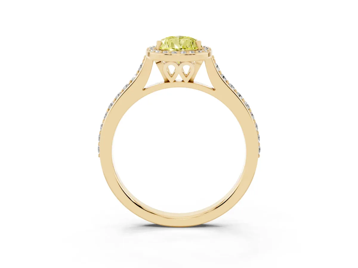 Fancy Yellow Pear Cut Diamond Halo Engagement Ring with Round Pavé Shoulders and Prong Setting Yellow gold