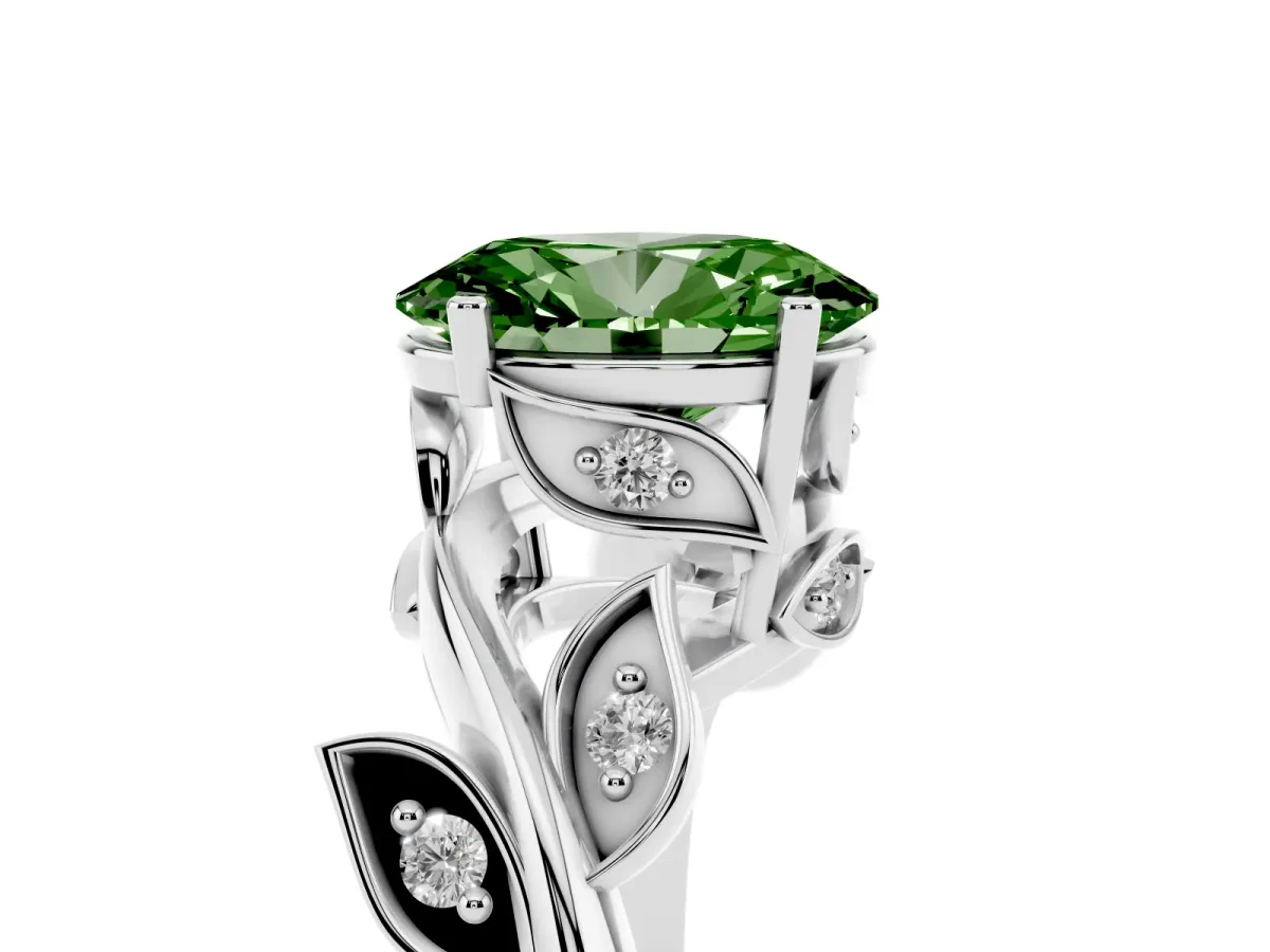 Fancy Green Oval Cut Solitaire Twist Engagement Ring with Leaf Accents and Prong Setting Silver