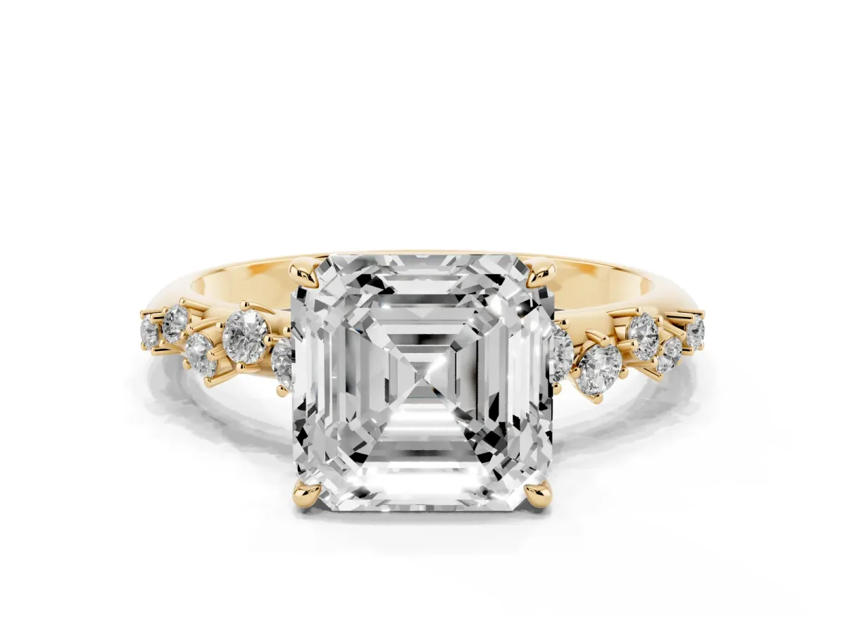 Asscher Cut Diamond Cluster Side Stone Solitaire Ring with Prong Setting Yellow gold