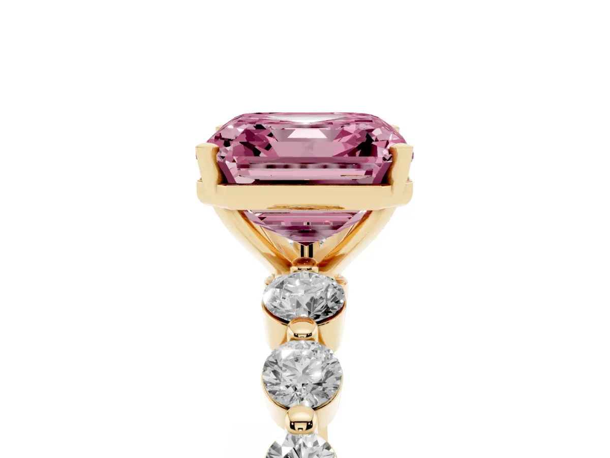 Fancy Pink Asscher Cut Solitaire Diamond Ring with Pave Band and Four-Prong Setting Yellow gold