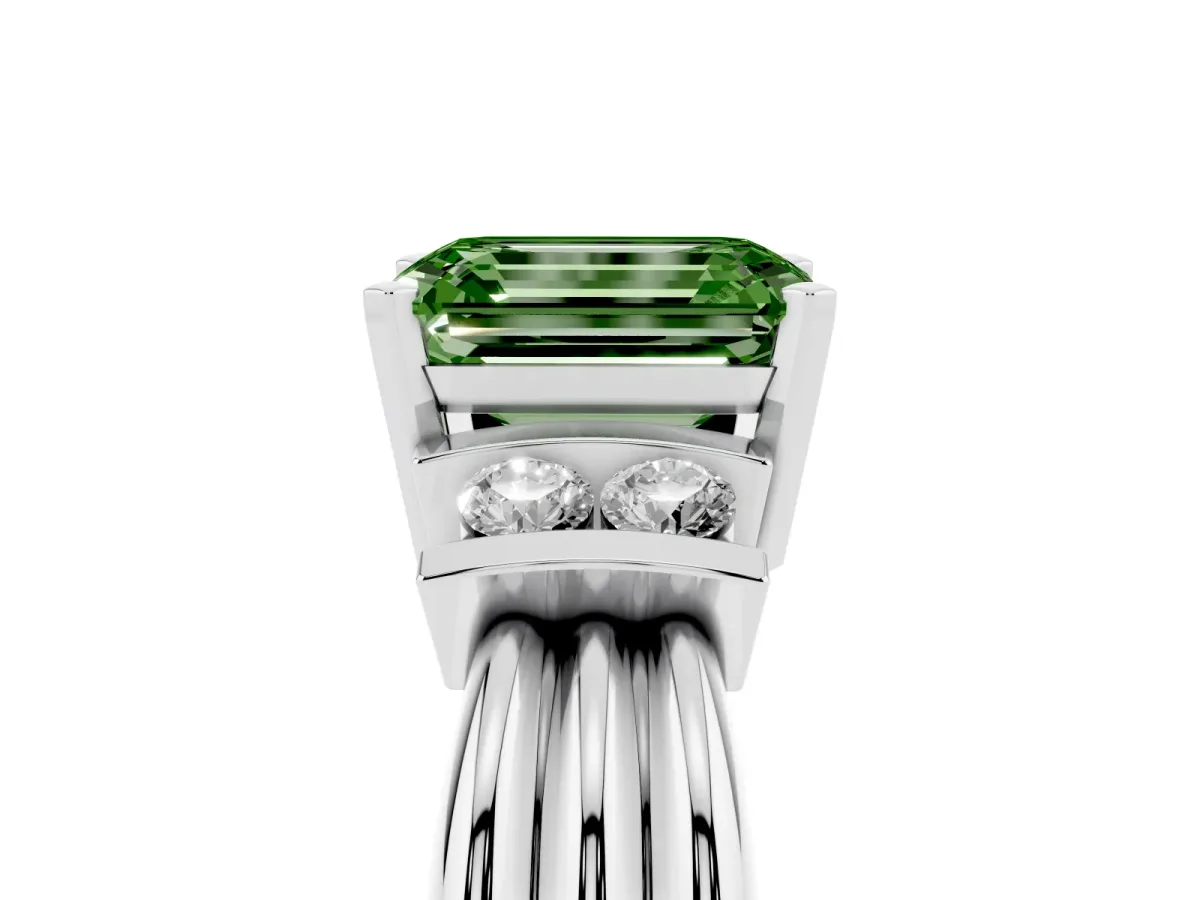 Fancy Green Emerald Cut Cut Three-Stone Channel Set Ring with Bar Prongs Silver