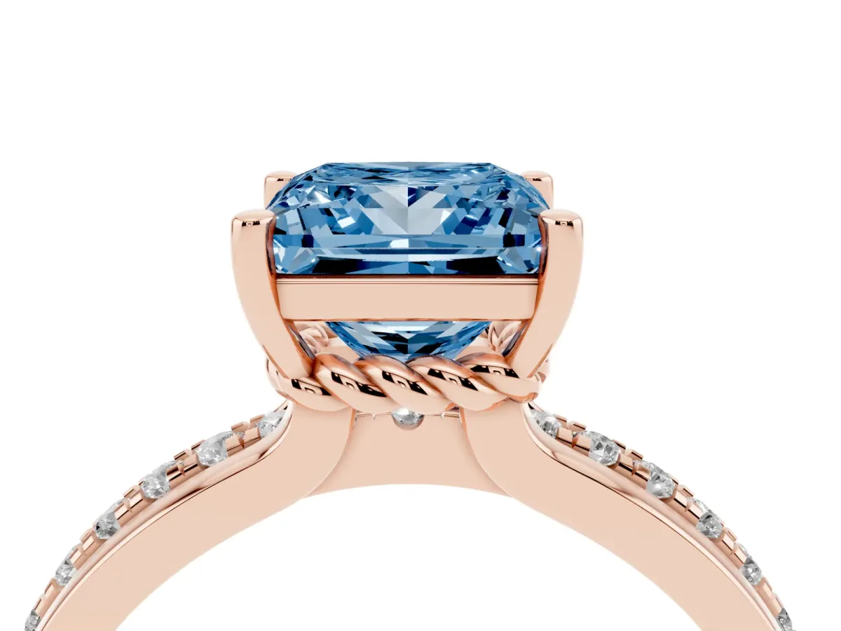 Fancy Blue Princess Cut Solitaire Diamond Ring with Channel Set Band and Six-Prong Setting Rose gold