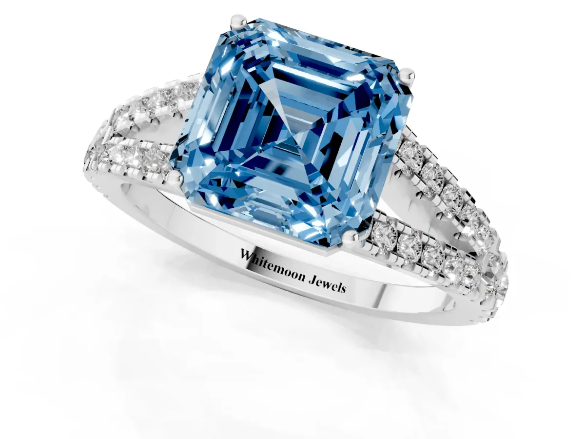 Fancy Blue Asscher Cut Diamond Split Shank Pavé Engagement Ring with Four-Prong Setting White gold