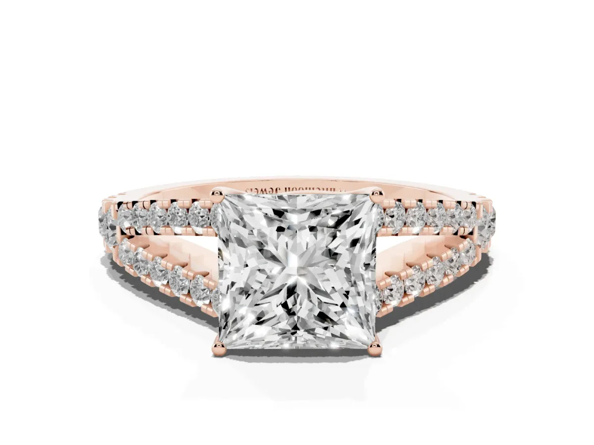 Princess Cut Diamond Split Shank Pavé Engagement Ring with Four-Prong Setting Rose gold