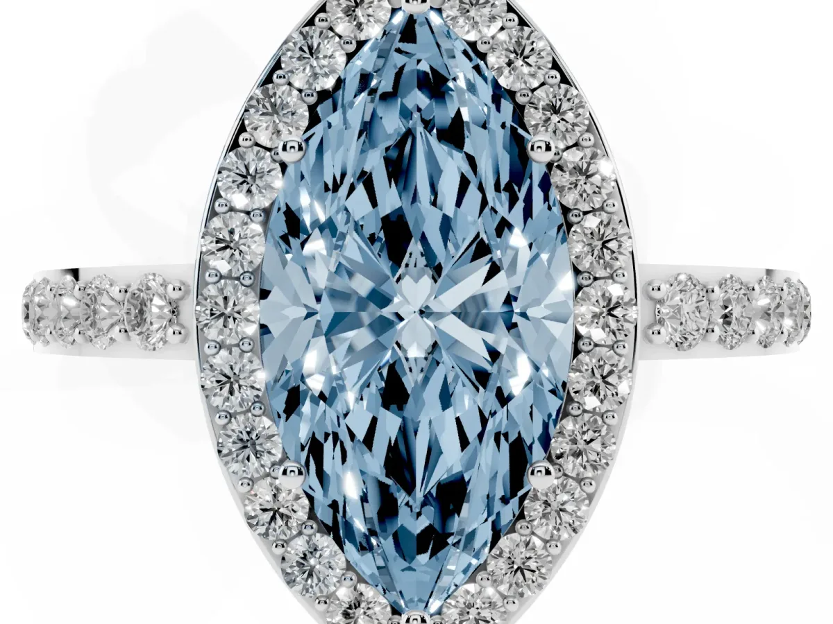 Fancy Blue Marquise Cut Halo Diamond Pavé Band Ring with Prong Setting Silver