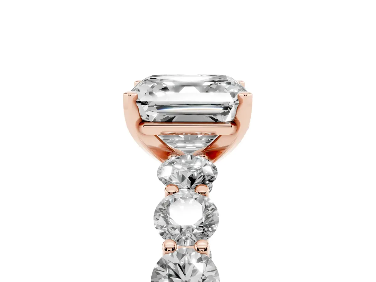 Asscher Cut Diamond Prong Setting with Side Stones on a Pave Band Rose gold