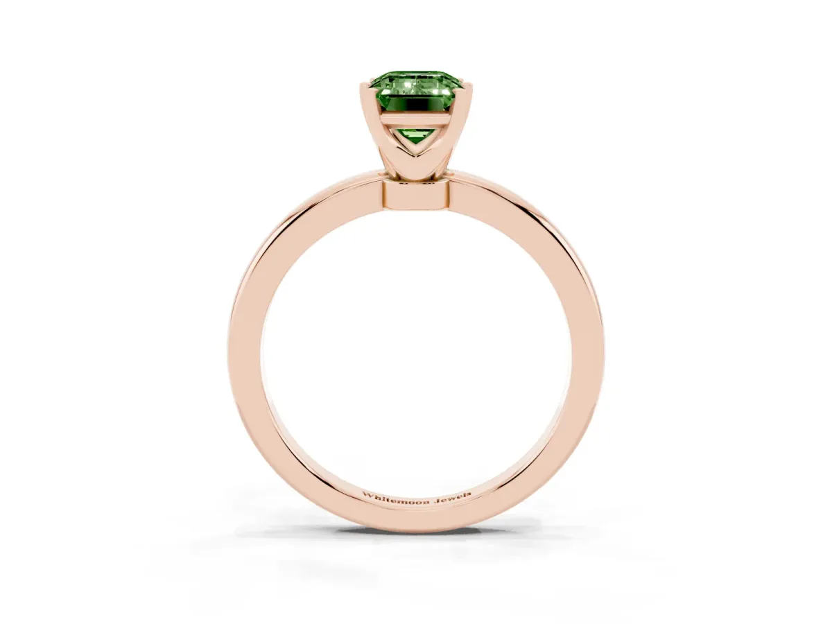 Fancy Green Emerald Cut Solitaire Diamond Ring with Six-Prong Setting on a Classic Band Rose gold