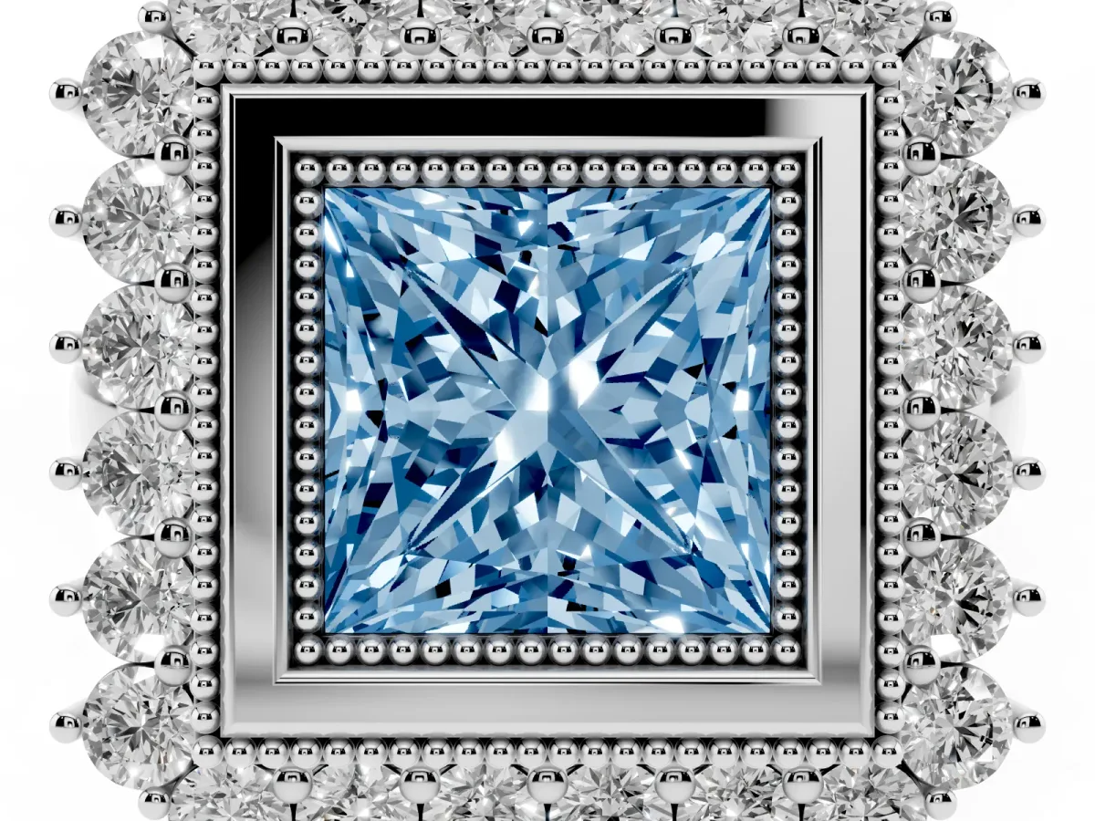 Fancy Blue Princess Cut Halo Diamond Ring with Milgrain Edge and Round Prong Setting Silver