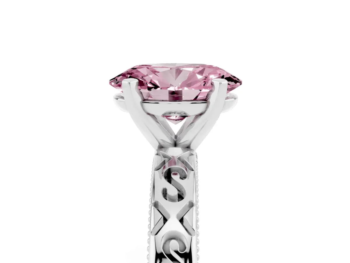 Fancy Pink Oval Cut Solitaire Engagement Ring with Scrollwork Band and Four-Prong Setting Silver