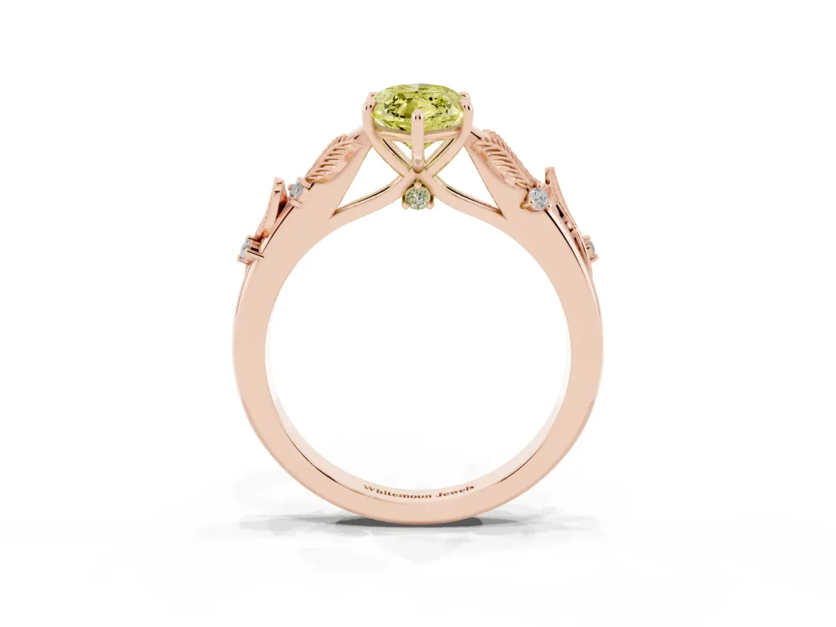 Fancy Yellow Marquise Cut Diamond Solitaire Ring with Leaf Motif Band and Four-Prong Setting Rose gold