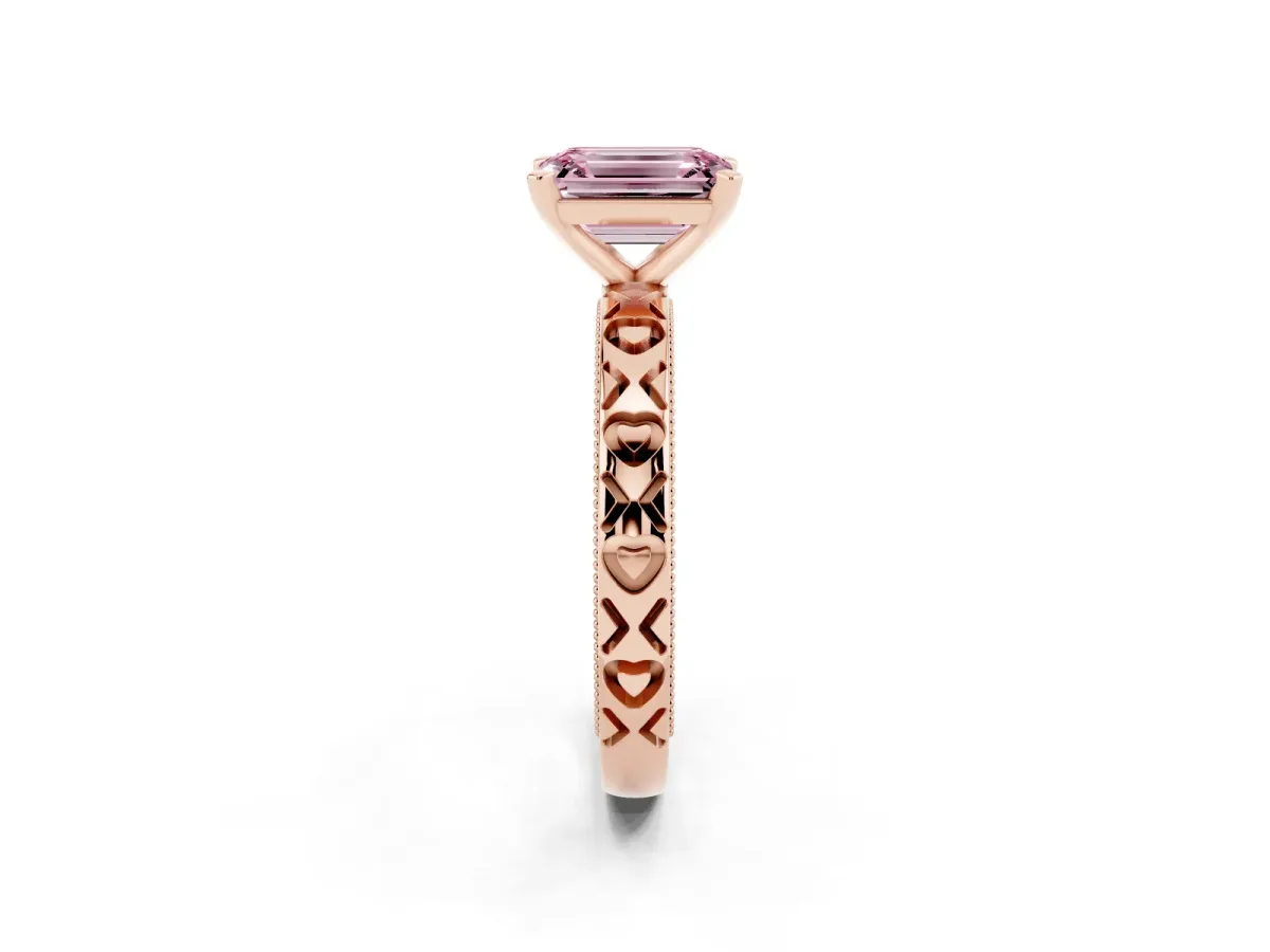 Fancy Pink Emerald Cut Solitaire Diamond Engagement Ring with XO Engraved Band and Four-Prong Setting Rose gold