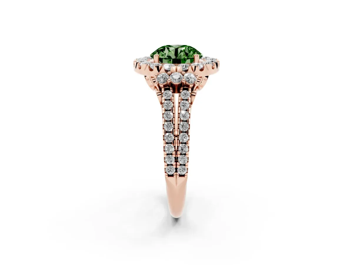 Fancy Green Round Cut Cut Double Halo Diamond Engagement Ring with Pave Band and Four-Prong Setting Rose gold