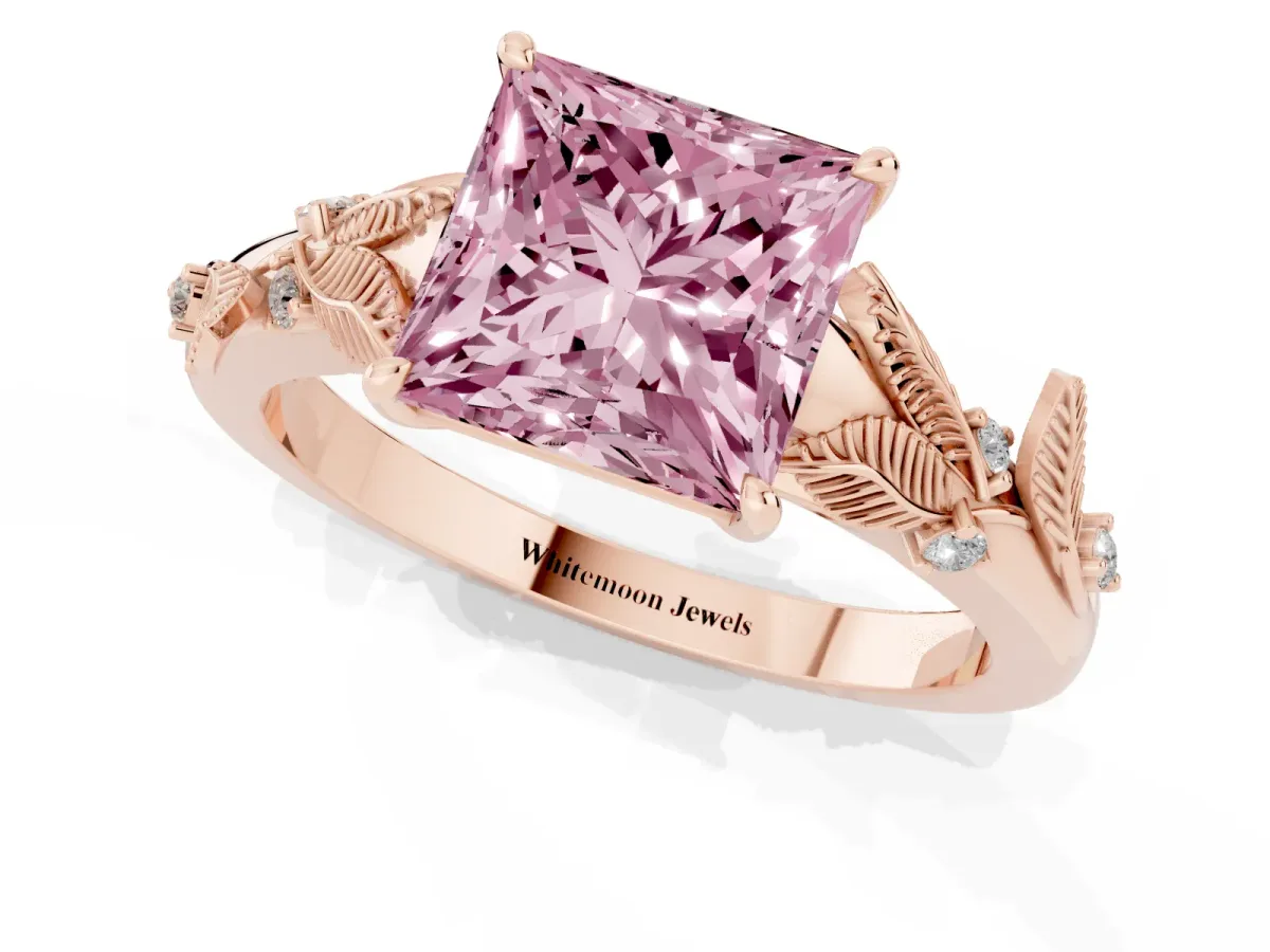 Fancy Pink Princess Cut Diamond Solitaire Ring with Leaf Motif Band and Four-Prong Setting Rose gold