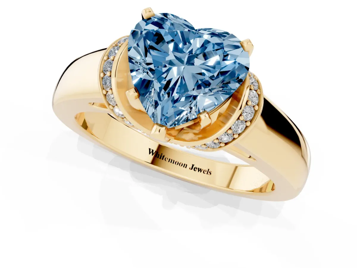 Fancy Blue Heart Cut Solitaire Diamond Ring with Pave Band and Six-Prong Setting Yellow gold