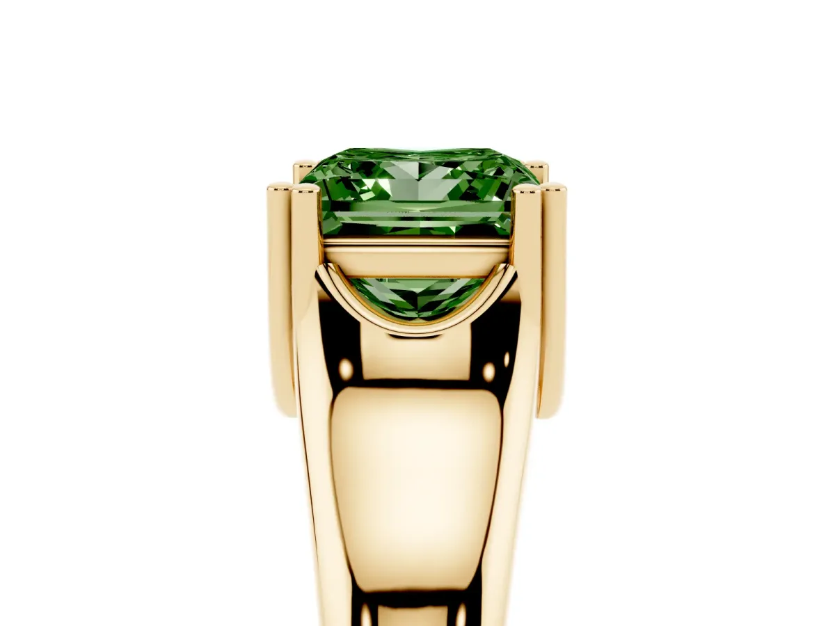 Fancy Green Princess Cut Diamond Solitaire Ring with Wide Band and Prong Setting Yellow gold
