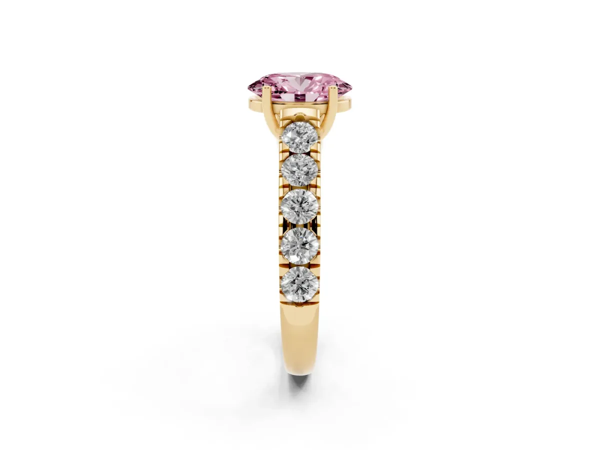 Fancy Pink Oval Cut Cut Diamond Solitaire Ring with Micro Pave Band and Prong Setting Yellow gold