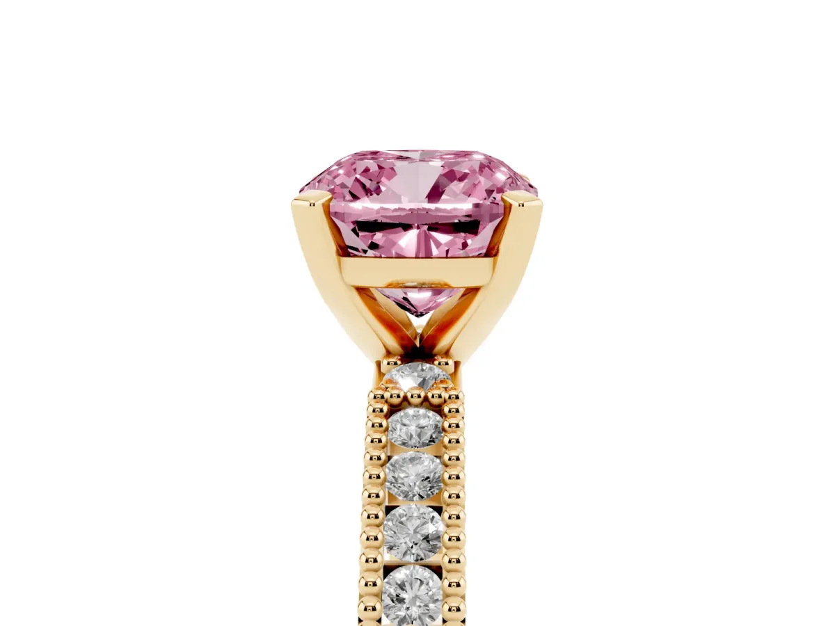 Fancy Pink Cushion Cut Solitaire with Pavé Band and Four-Prong Setting Yellow gold